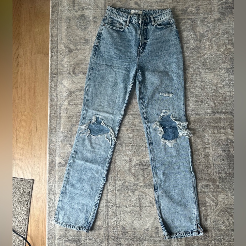 Free People Light Blue Distressed Straight Leg Jeans